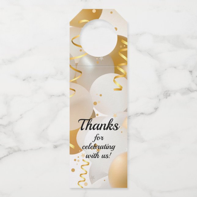 Gold and White Balloons Bottle Hanger Tag (Front)