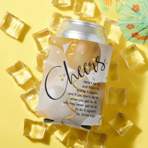 Gold and White Balloons Cheers Can Cooler