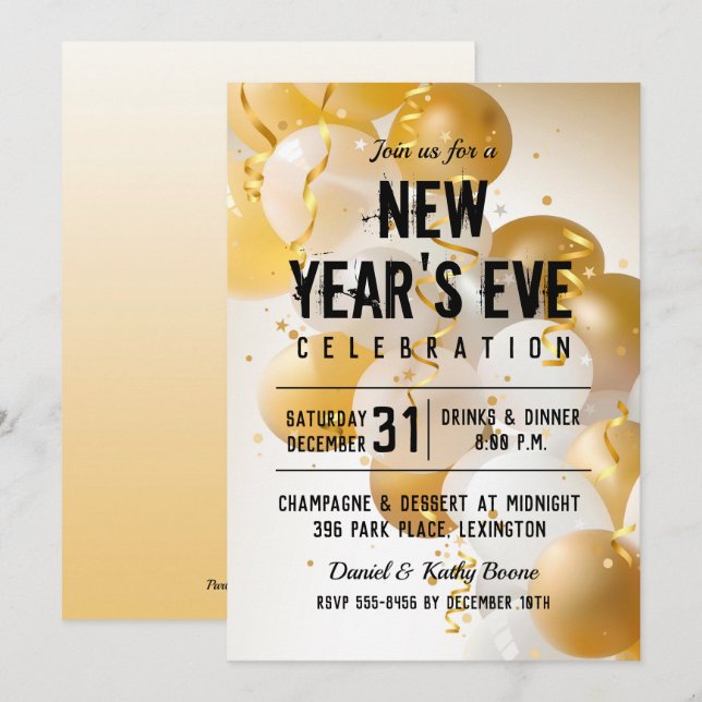 Gold and White Balloons New Year's Eve Invitations (Front/Back)