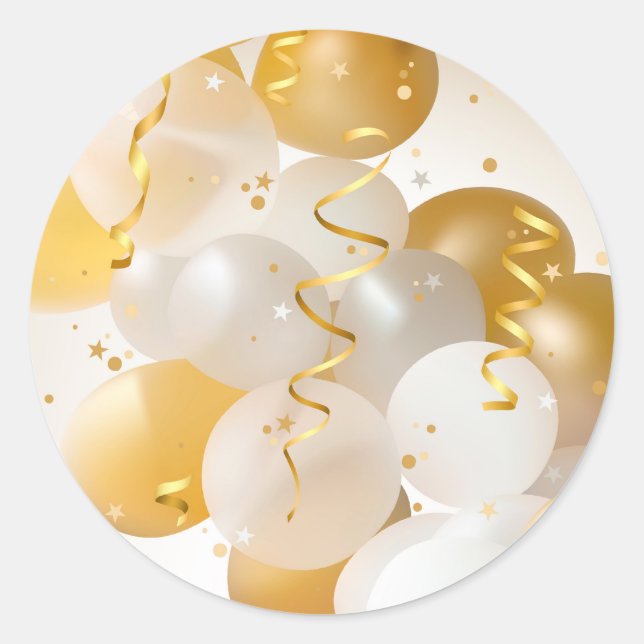 Gold and White Balloons Party Classic Round Sticker (Front)