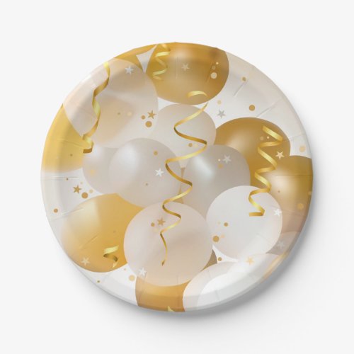 Gold and White Balloons Party Paper Plates