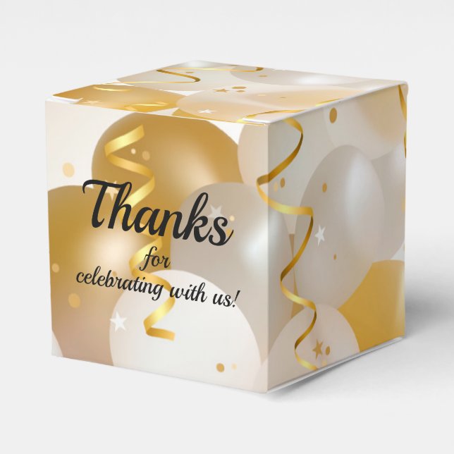 Gold and White Balloons Square Party Favor Boxes (Front Side)