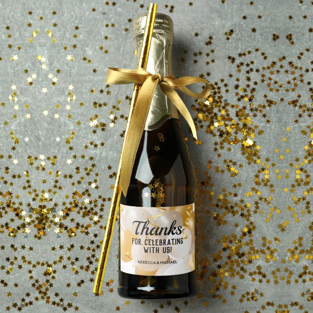 Gold and White Balloons Streamers Mini Sparkling Wine Label (Thank you gold white balloons on mini sparkling wine labels personalized for your occasion)