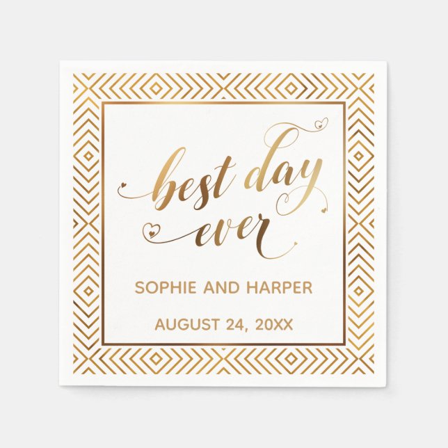 Gold and White Best Day Ever, Hearts Diamonds Napkins (Front)