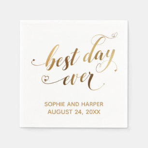 Gold and White Best Day Ever, Hearts Script Napkins