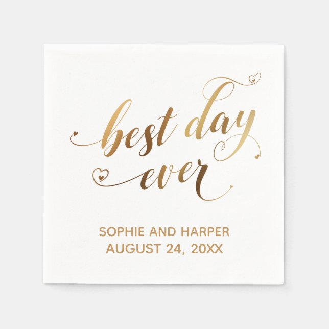 Gold and White Best Day Ever, Hearts Script Napkins (Front)
