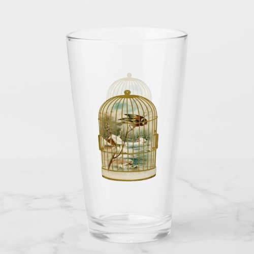 Gold and White Bird Cage With Bird Cabin in Snow Glass