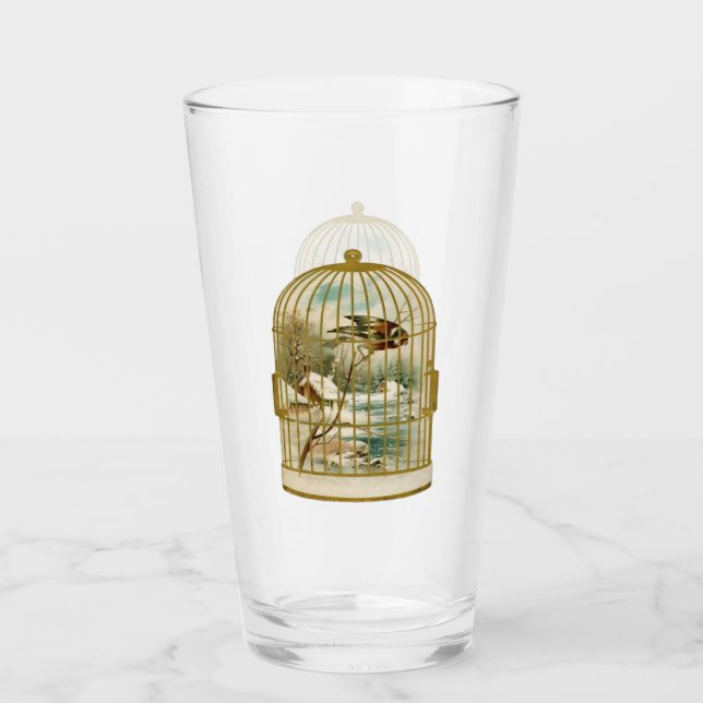 Gold and White Bird Cage With Bird Cabin in Snow Glass (Front)