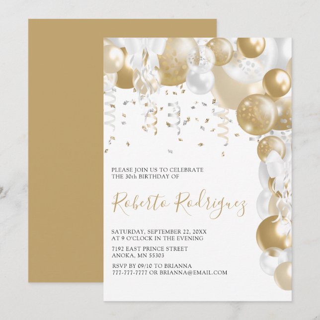Gold And White Birthday Party Invitation (Front/Back)