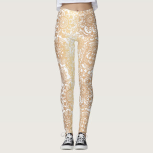 Gold and White Boho Mandala Pattern Yoga Leggings