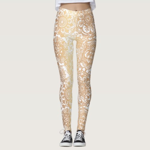 Gold and White Boho Mandala Pattern Yoga Leggings