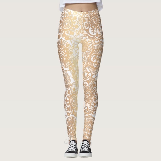 Gold and White Boho Mandala Pattern Yoga Leggings (Front)