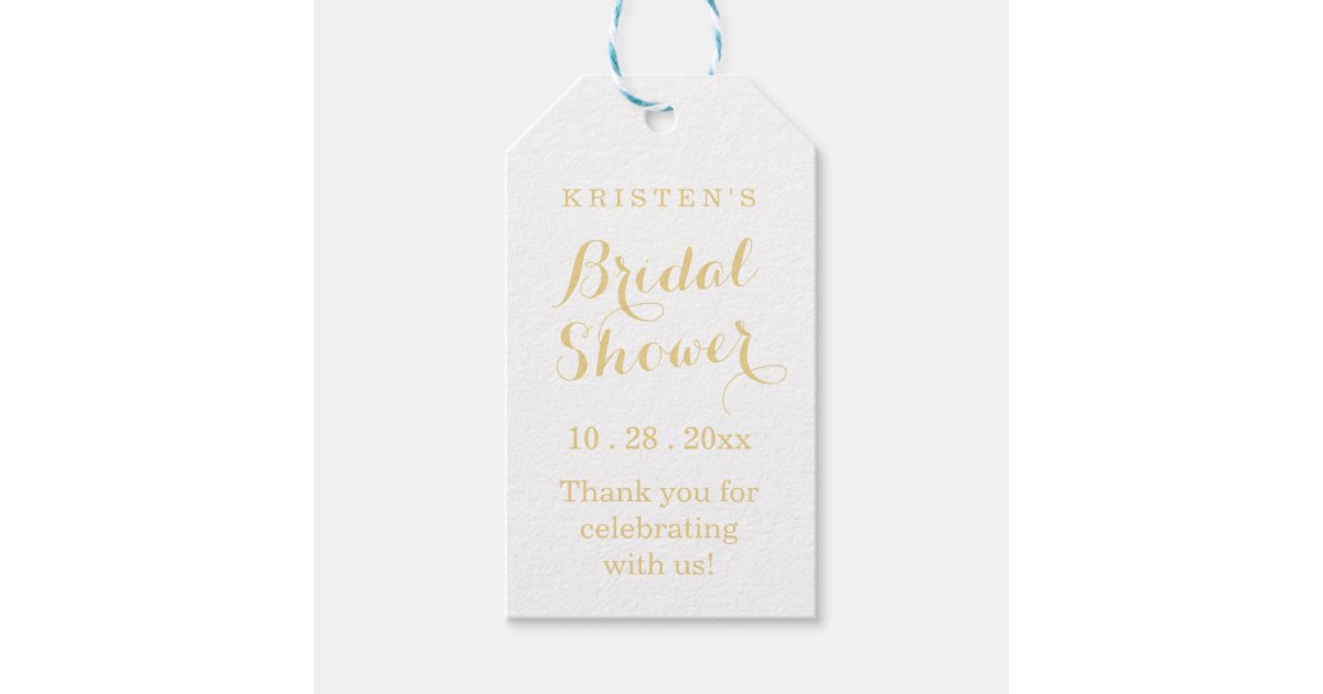 Gold and White Bridal Shower Thank You Gift Tags | Zazzle