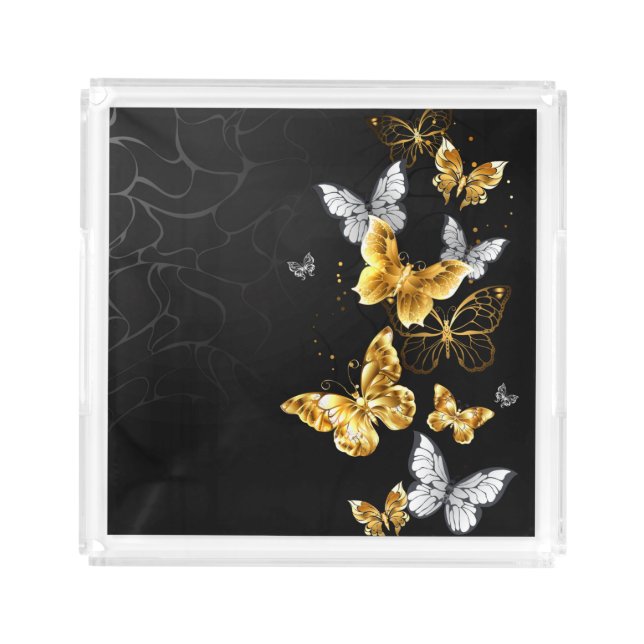 Gold and white butterflies acrylic tray (Front)