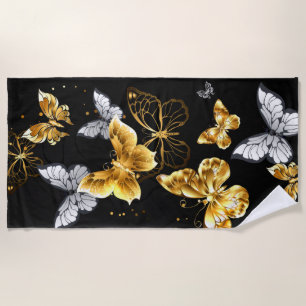 Gold and white butterflies beach towel