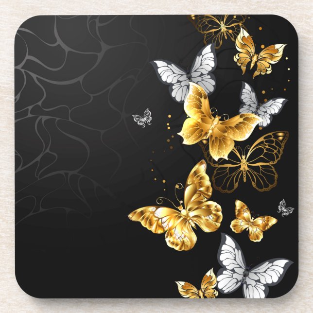 Gold and white butterflies beverage coaster (Front)