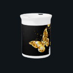 Gold and white butterflies beverage pitcher<br><div class="desc">Gold,  jewelry and white butterflies on black background. Golden butterfly.</div>