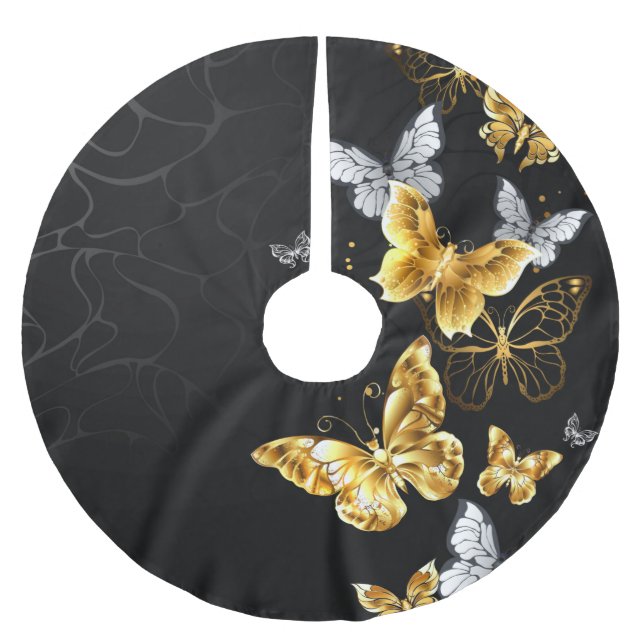 Gold and white butterflies brushed polyester tree skirt (Front)