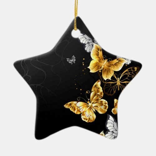 Gold and white butterflies ceramic ornament