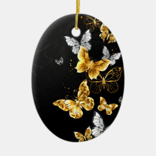 Gold and white butterflies ceramic ornament