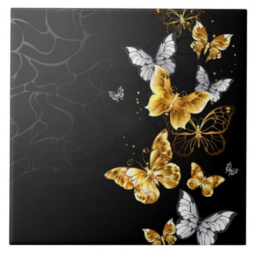 Gold and white butterflies ceramic tile