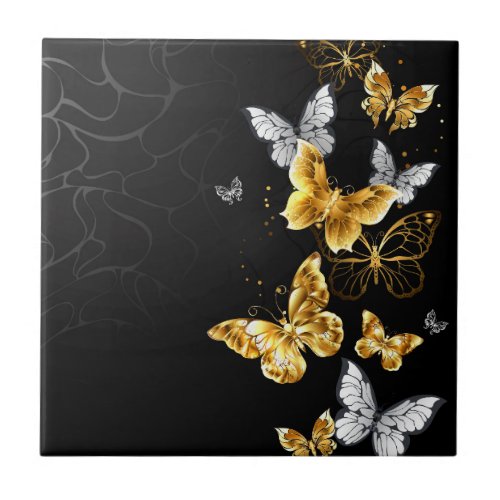 Gold and white butterflies ceramic tile
