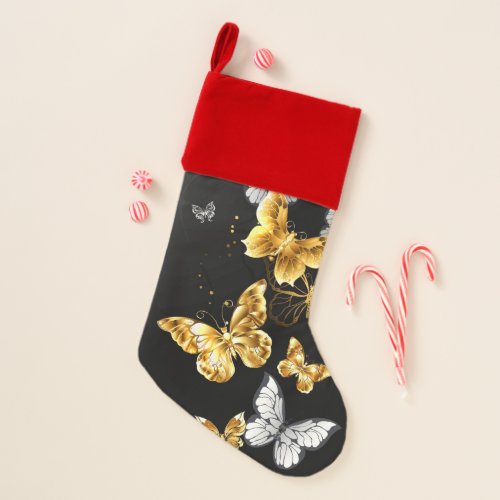 Gold and white butterflies christmas stocking