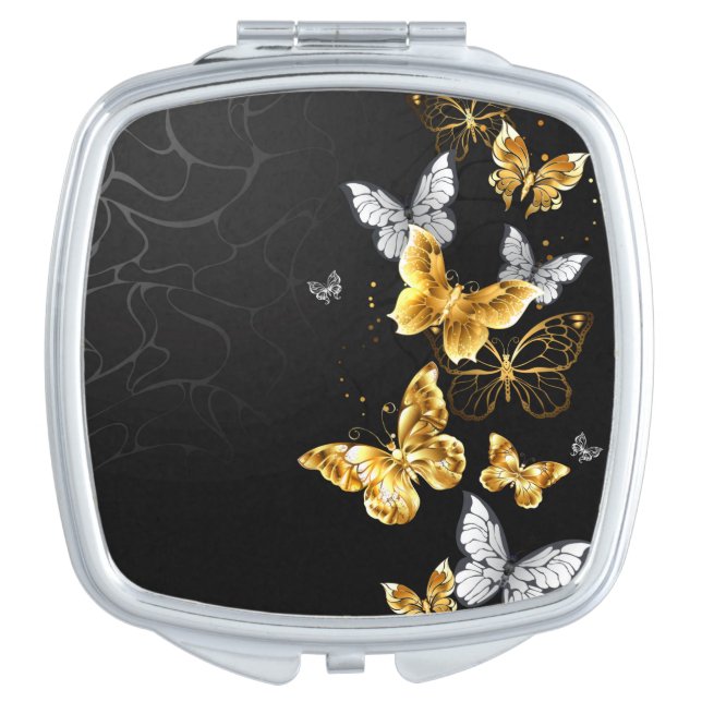 Gold and white butterflies compact mirror (Front)