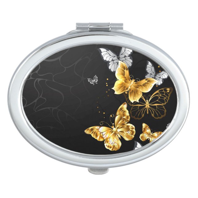 Gold and white butterflies compact mirror (Front)