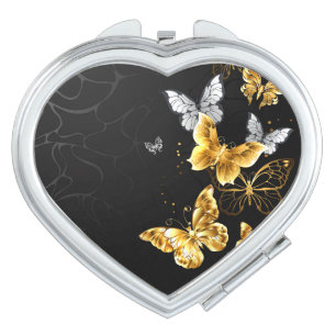 Gold and white butterflies compact mirror