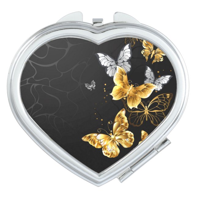Gold and white butterflies compact mirror (Front)