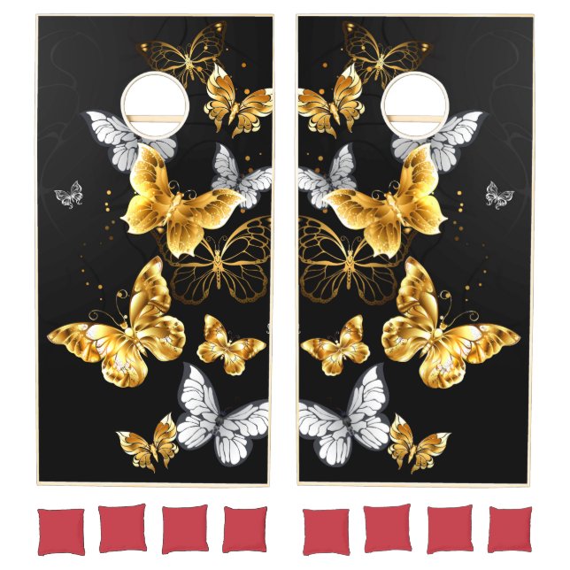 Gold and white butterflies cornhole set (Set)