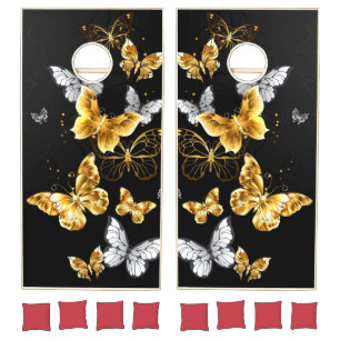 Gold and white butterflies cornhole set