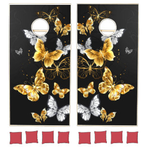 Gold and white butterflies cornhole set