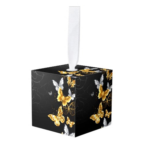 Gold and white butterflies cube ornament