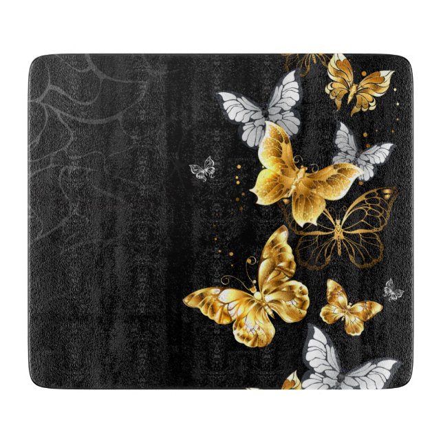 Gold and white butterflies cutting board (Front)