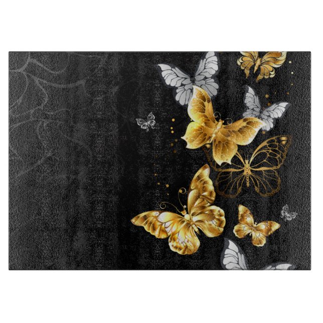 Gold and white butterflies cutting board (Front)