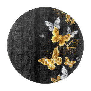 Gold and white butterflies cutting board
