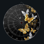 Gold and white butterflies dart board<br><div class="desc">Gold, jewelry and white butterflies on black background. Golden butterfly.</div>