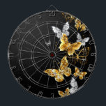 Gold and white butterflies dart board<br><div class="desc">Gold,  jewelry and white butterflies on black background. Golden butterfly.</div>