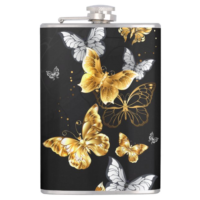 Gold and white butterflies flask (Front)