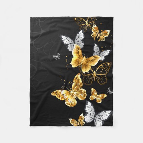 Gold and white butterflies fleece blanket