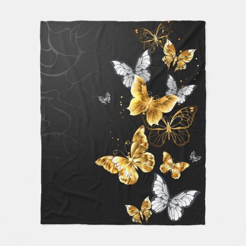 Gold and white butterflies fleece blanket