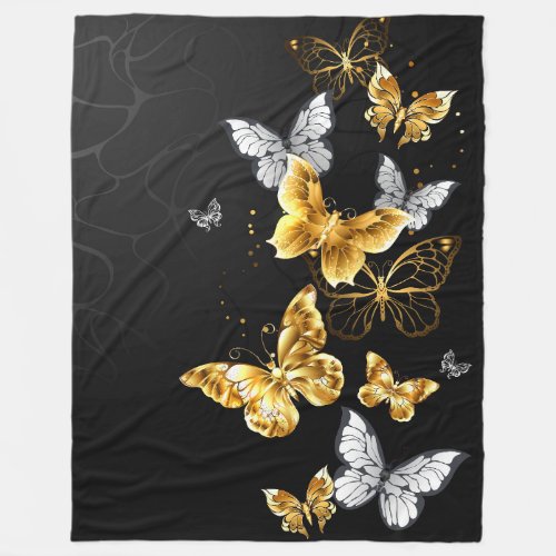Gold and white butterflies fleece blanket