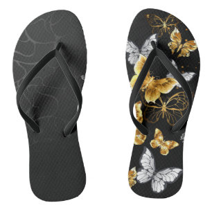 Gold and white butterflies flip flops