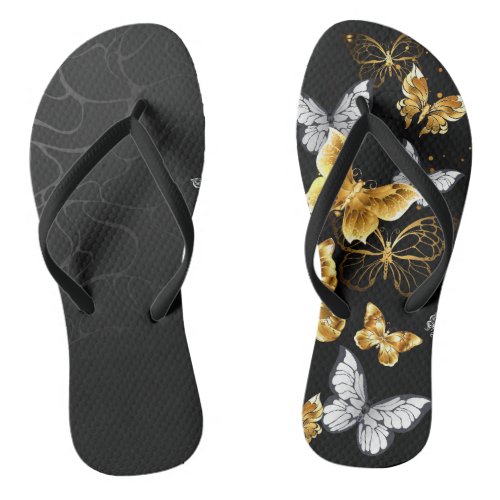 Gold and white butterflies flip flops