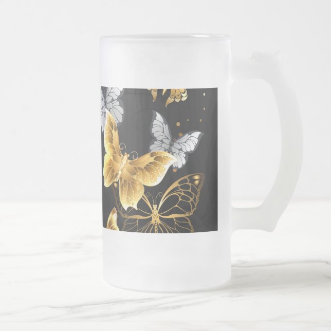 Gold and white butterflies frosted glass beer mug (Right)
