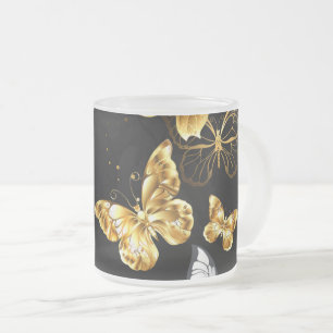 Gold and white butterflies frosted glass coffee mug