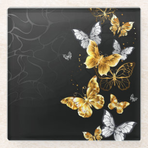 Gold and white butterflies glass coaster