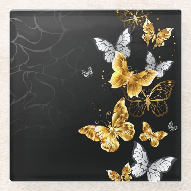 Gold and white butterflies glass coaster (Front)